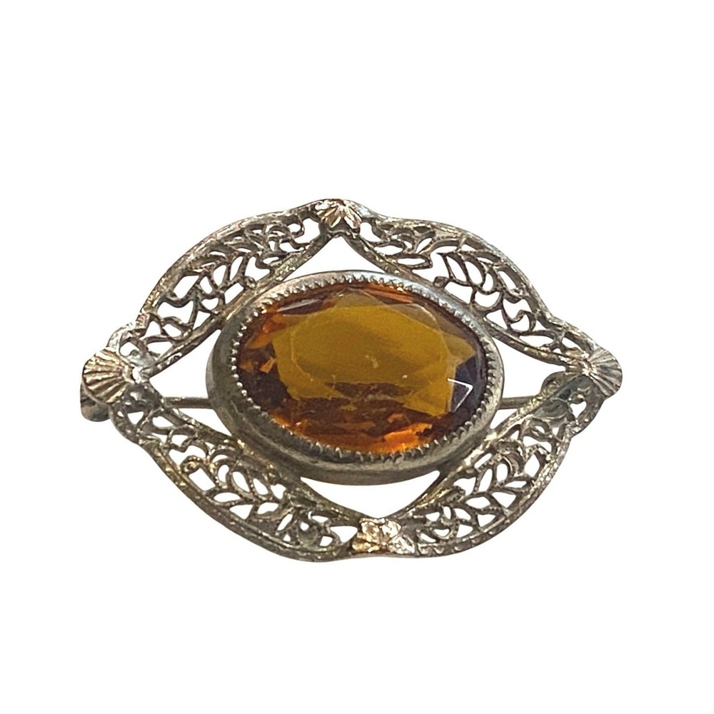Vintage Silver Tone Filigree Brooch Amber Glass Oval Stone Art Nouveau Style Pin